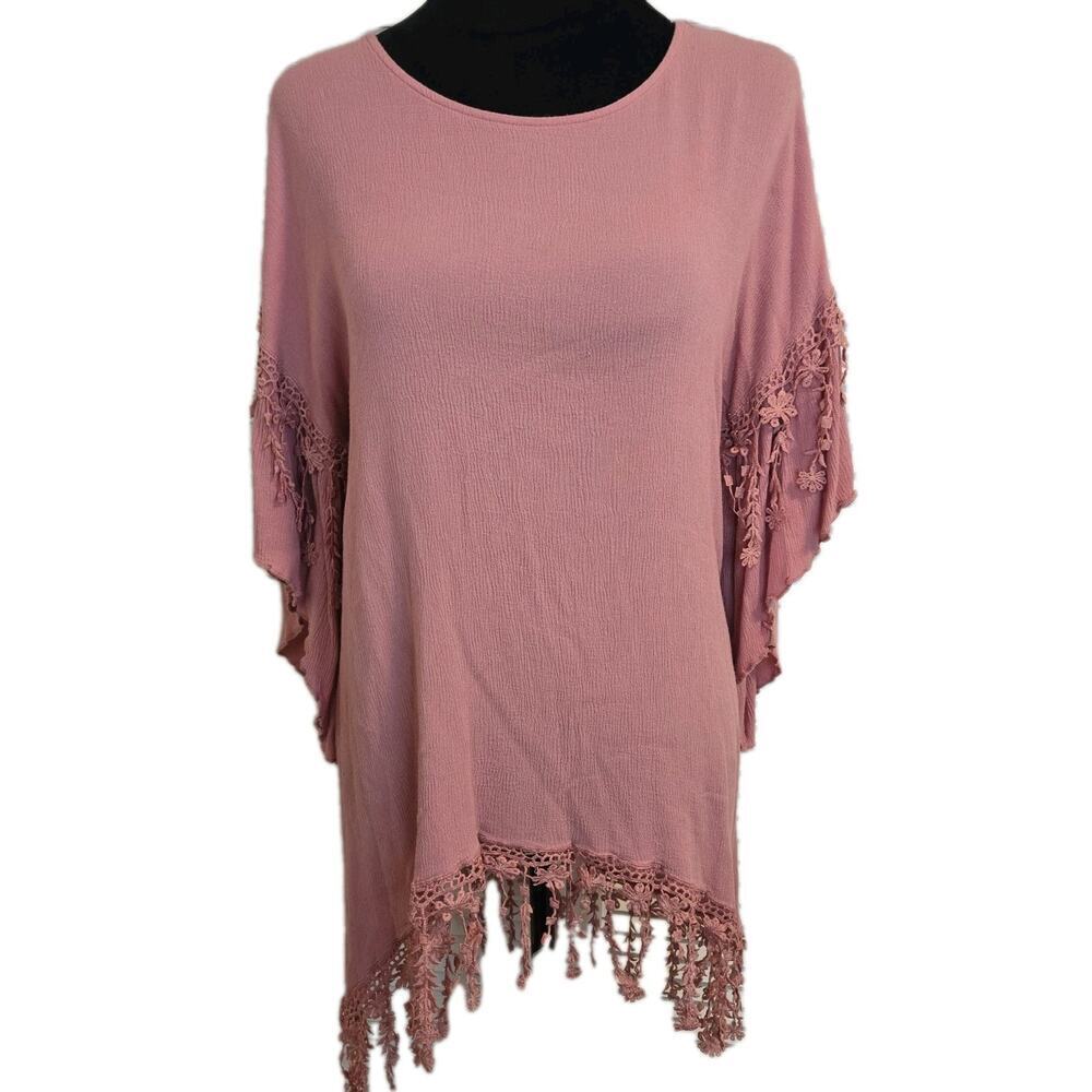 Paisley Vine Women's Tunic 3/4 Bell Ruffle Sleeve Hi Low Fringe SMALL Pink Boho